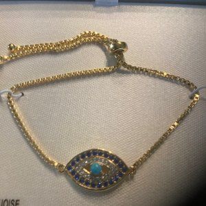 18KYG Over Sterling Silver Blue Crystal SIM TRQ & CZ Bolo Adjustable Bracelet